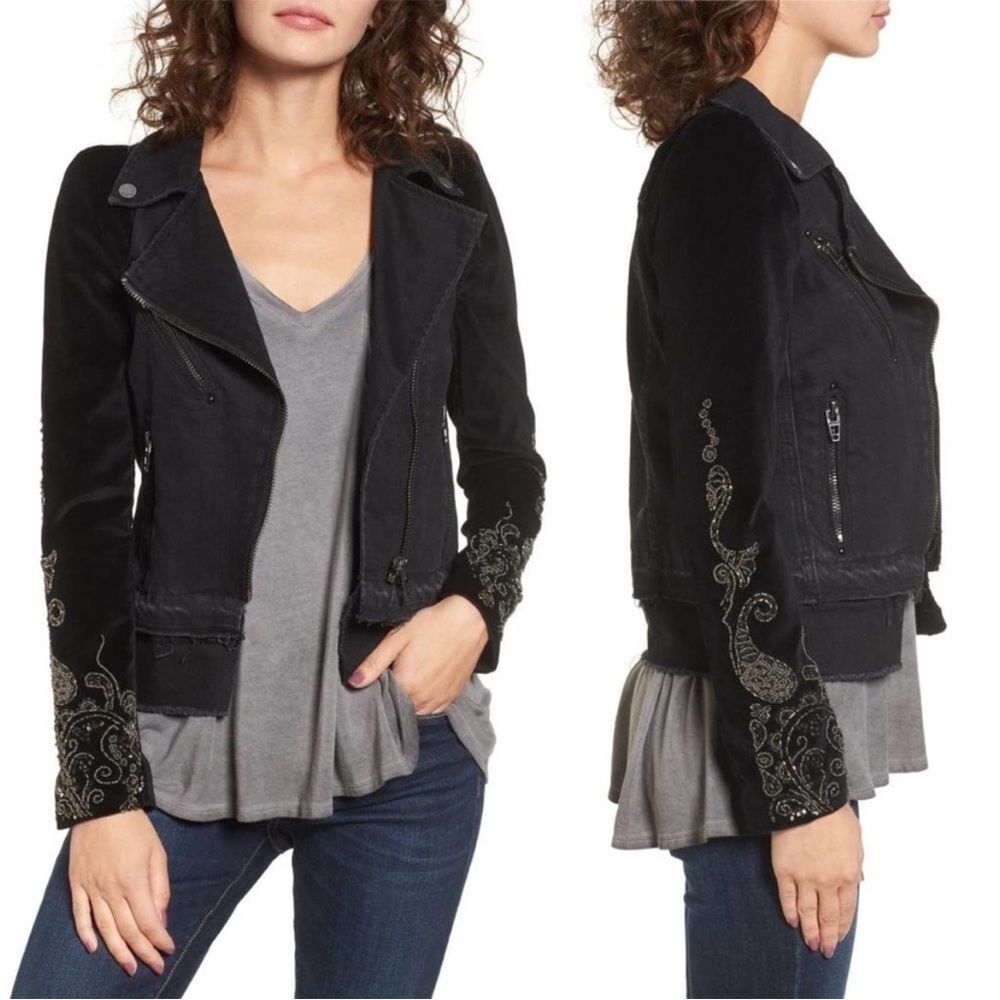 Blank NYC Denim and Velvet Mixed Media Moto Jacket with Beaded Sleeves, Size M